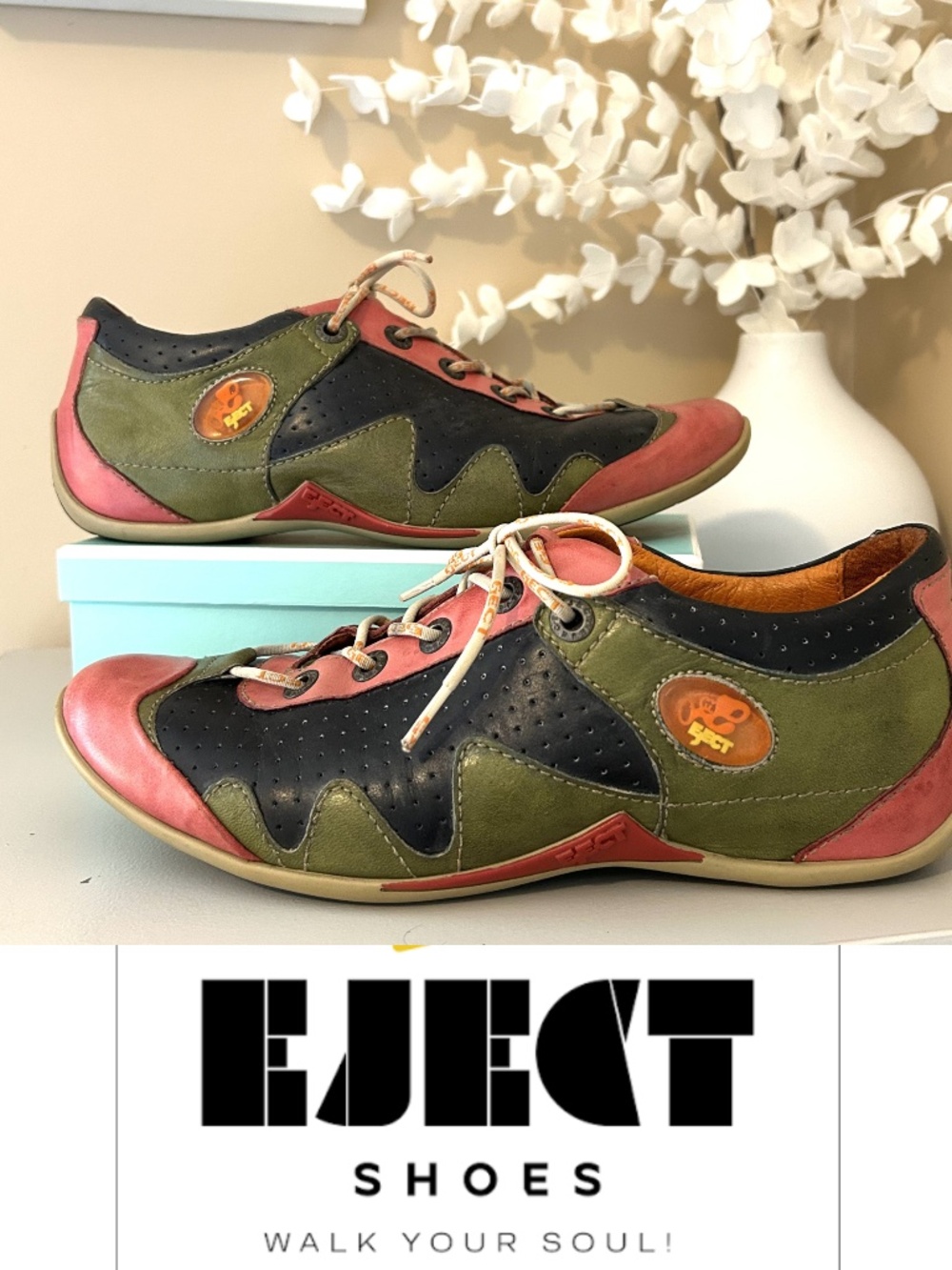 Vintage EJECT Leather Lace Up Flat Sneakers Wave Design Size EU41